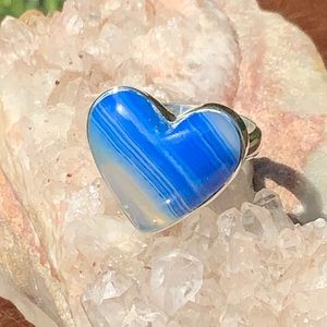 BLUE BOTSWANA AGATE HEART 925 STERLING SILVER RING, SIZE 7